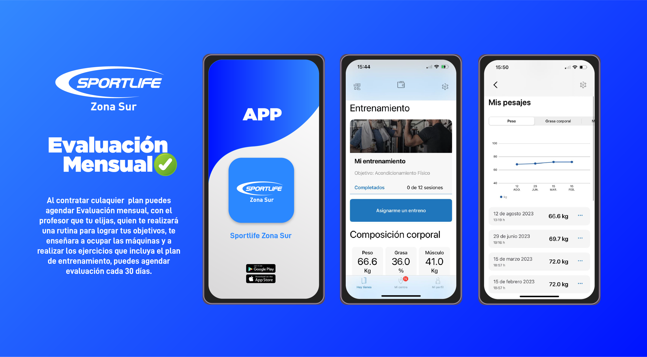 Persona usando báscula inteligente en Sportlife para registrar grasa corporal, masa muscular y otros indicadores
