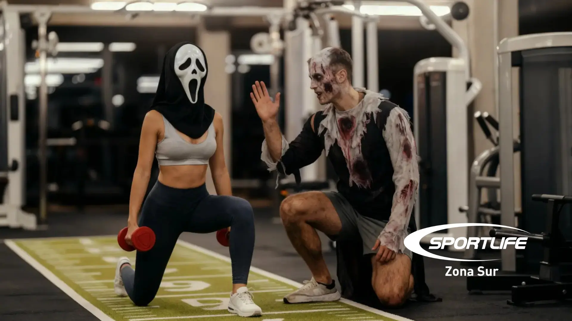 Zombie coach entrenando a persona con máscara de Scream en Sportlife Zona Sur